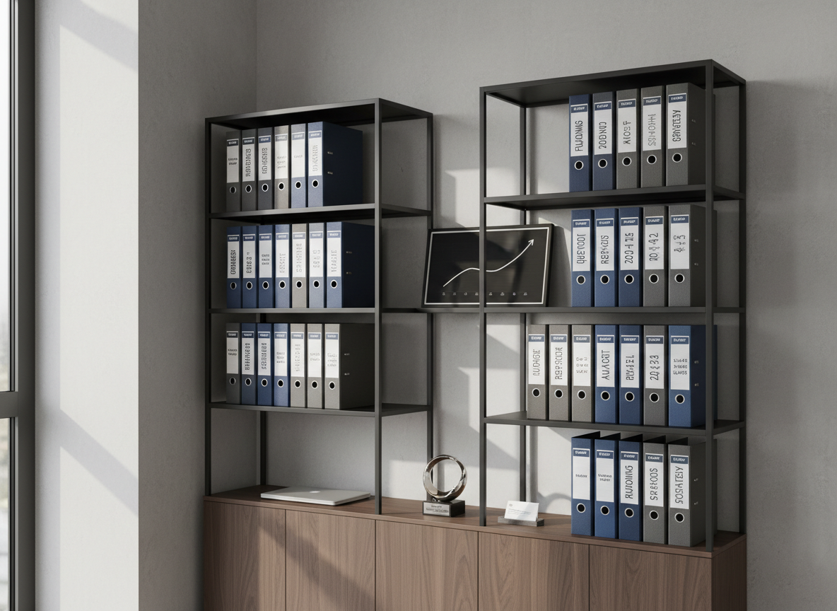 An elegant, modern office corner dedicated to investor relations, featuring a tall, matte-black metal shelving unit filled with neatly aligned binders labeled by funding rounds, investor lists, and reporting periods. On the middle shelf, a framed minimalist chart shows a steadily rising line symbolizing company growth. A low cabinet below supports a closed laptop and a small, understated trophy for business excellence. Soft, indirect daylight from a nearby window creates subtle gradients on the walls and shelves, with calm, diffuse shadows. Photographic realism, shot at a three-quarter angle with moderate depth of field, foreground in crisp focus and background gently softened. The mood is organized, trustworthy, and long-term oriented, ideal to represent professional management of investor relationships and corporate documentation.