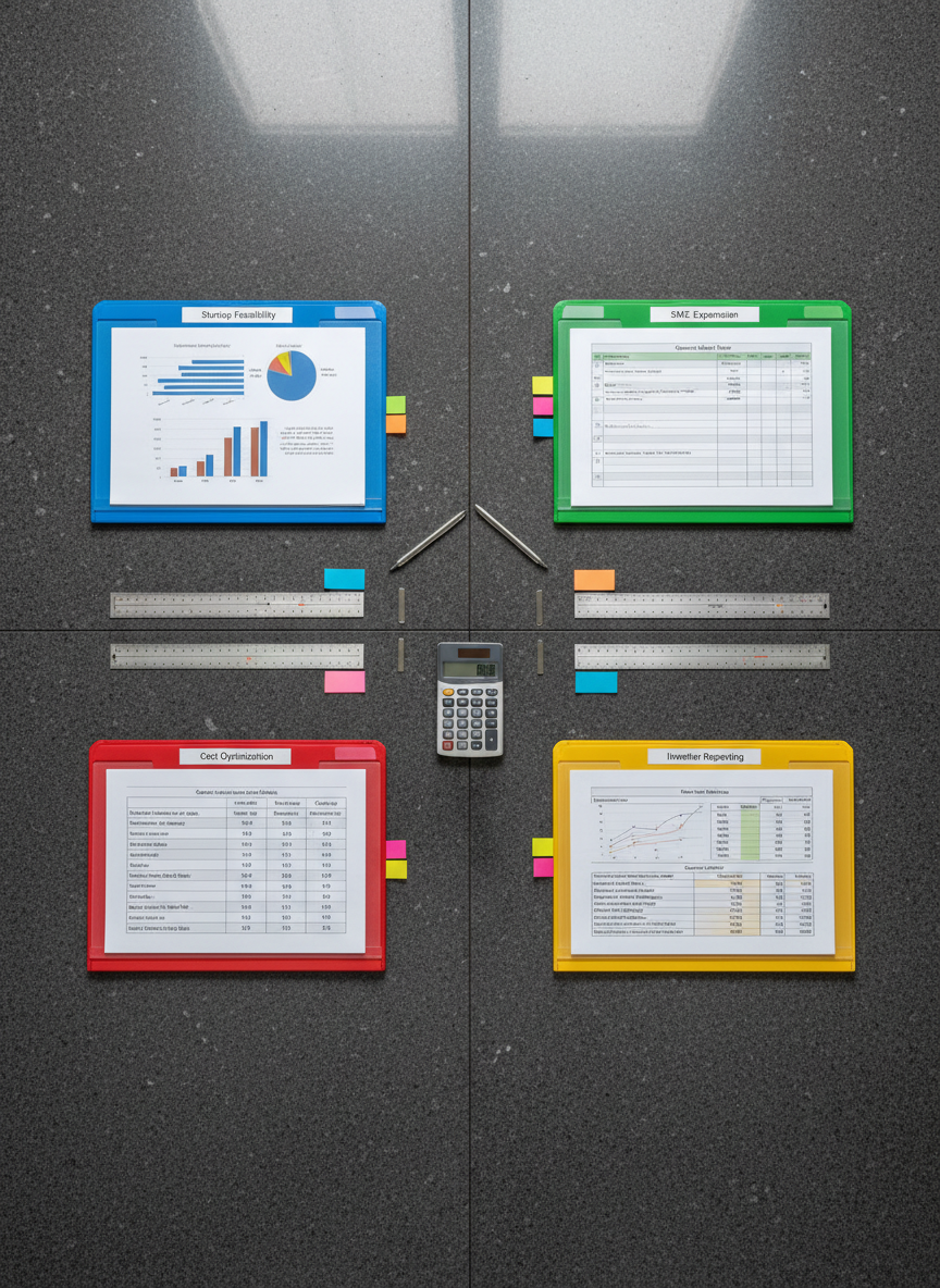 A large, dark stone conference table seen from above, segmented into clearly defined zones with labeled folders: “Startup Feasibility”, “SME Expansion”, “Cost Optimization”, and “Investor Reporting”. Each folder is color-coded and slightly open to reveal structured financial tables and charts. Between them sit neatly arranged metal rulers, sticky flags, and a compact grey calculator. Overhead, bright but diffused ceiling lighting creates even, shadow-free illumination, emphasizing clarity and order. Photographic realism, true top-down bird’s-eye composition with sharp focus across the frame. The atmosphere is methodical, comprehensive, and highly organized, capturing the breadth of financial consulting services from feasibility analysis to ongoing reporting for different business types.