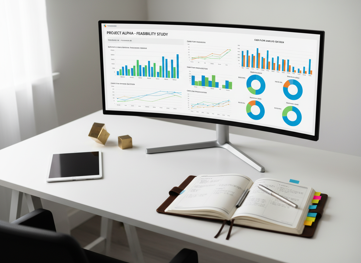 A meticulously organized white desk in a minimalist office, featuring a large ultra-wide monitor showing a detailed financial feasibility analysis with colorful graphs, cash-flow projections, and break-even charts. Beside it lies an open leather-bound notebook filled with neatly written strategy notes and sticky tabs. A brushed metal pen, a closed tablet, and a small geometric sculpture add sophistication. Soft, diffused daylight from an unseen side window creates gentle, even illumination, with faint shadows under each object. Photographic realism, clean and modern aesthetic, shot from a slightly elevated angle with sharp focus throughout. The atmosphere is calm, analytical, and precise, ideal for representing structured investment consultancy work for startups and SMEs.