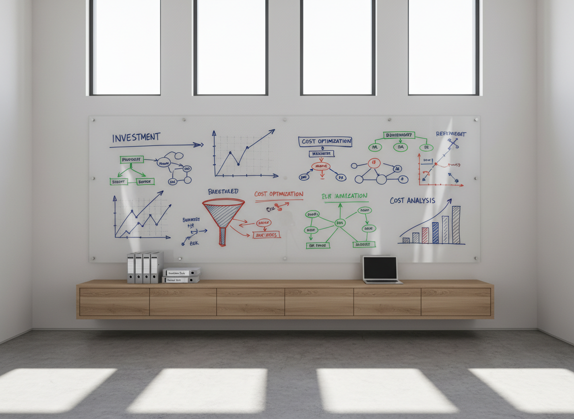 A large transparent acrylic wall panel in a contemporary office space, covered with neatly drawn investment strategy diagrams, timelines, and cost-optimization flows in different ink colors. Below the panel, a floating wooden sideboard holds neatly stacked binders labeled “Business Plan”, “Investor Deck”, and “Cost Analysis”, alongside a slim, closed laptop. Natural daylight filters in from high windows, casting soft, elongated shadows on the floor and creating subtle reflections on the acrylic surface. Photographic realism, shot in a wide, straight-on composition with symmetrical balance and ample negative space. The mood is focused, innovative, and forward-looking, representing structured planning and strategic financial roadmapping without showing any people.